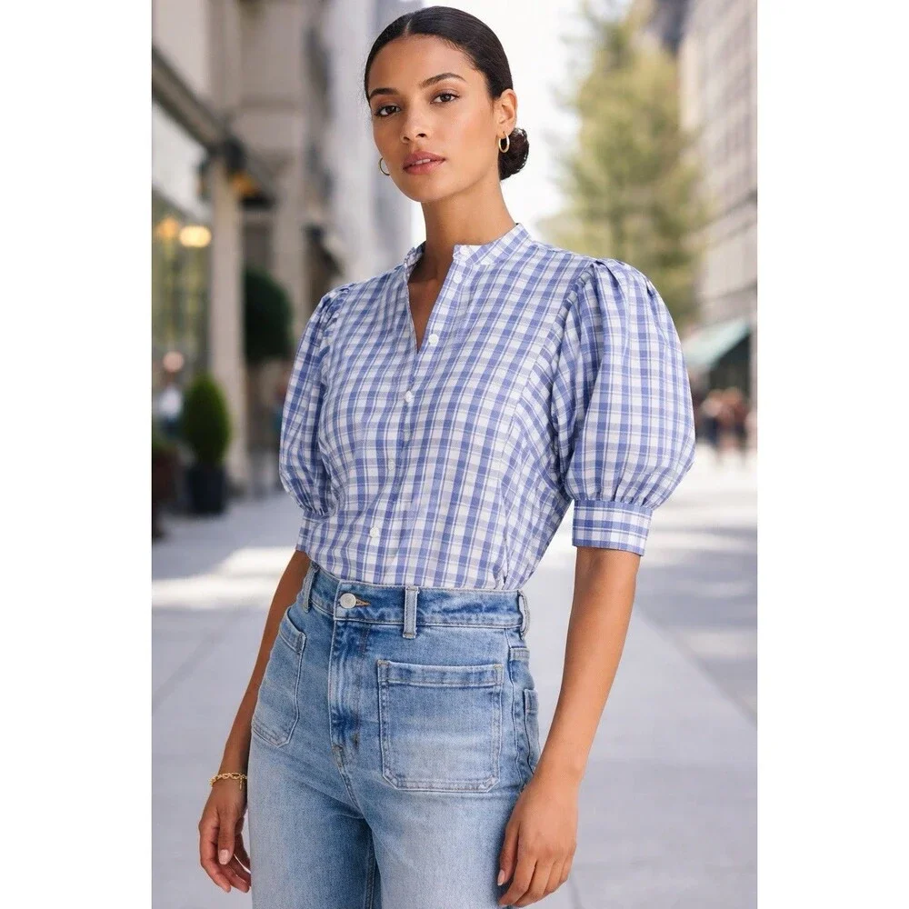Madewell NWT Checkered‎ Tessa Top Band Collar Puff Sleeve Size 12 Coquette Girl